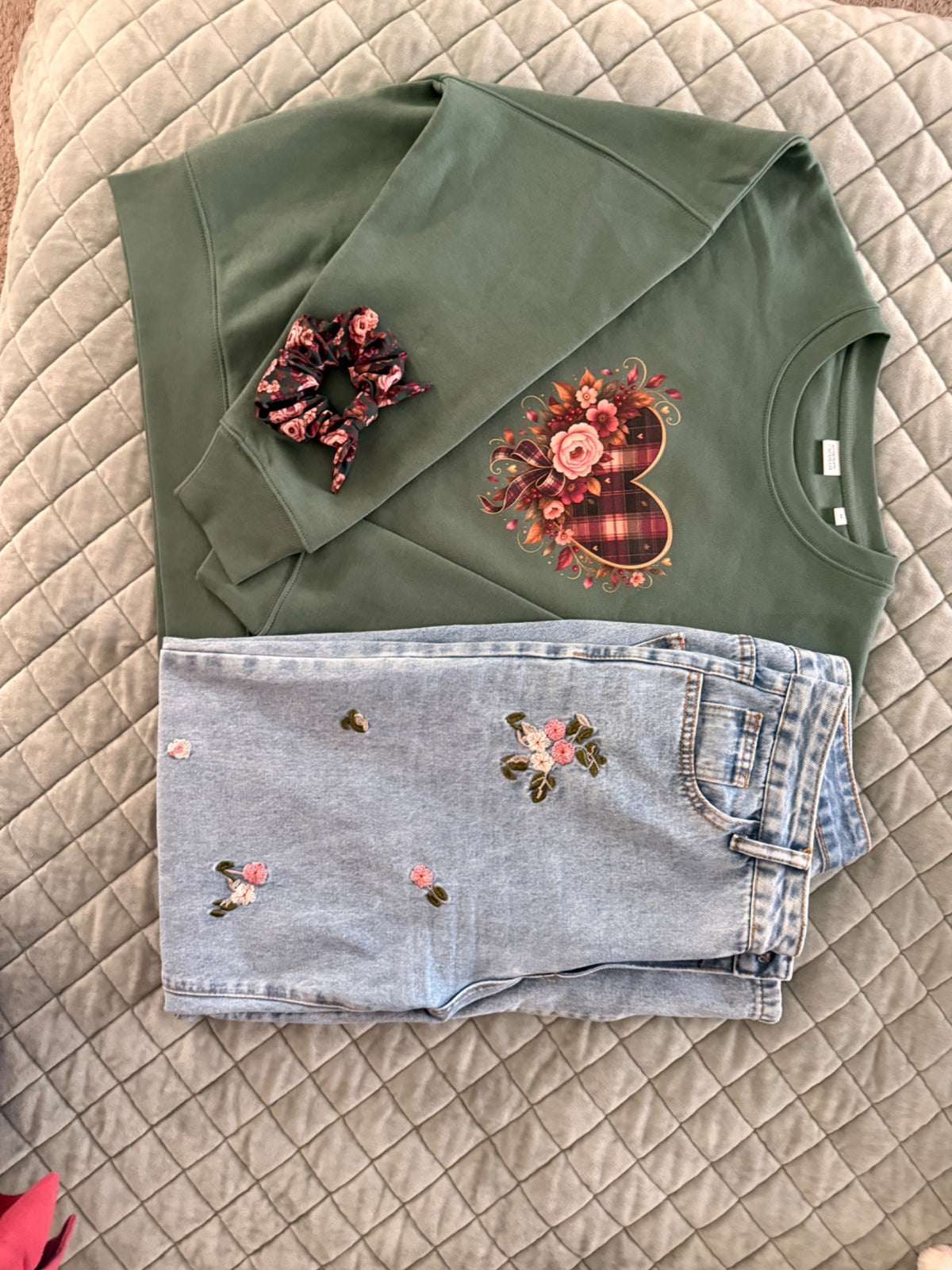 Falling For You green plaid and floral crewneck styled with embroidered jeans and floral scrunchie