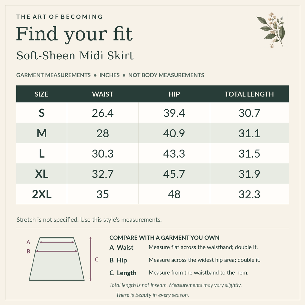 Soft-Sheen Midi Skirt size chart, S–2XL. Waist, hip and total skirt length in inches. Garment measurements, not body measurements. Includes a flat-garment measuring diagram. Full measurements also appear in the description.