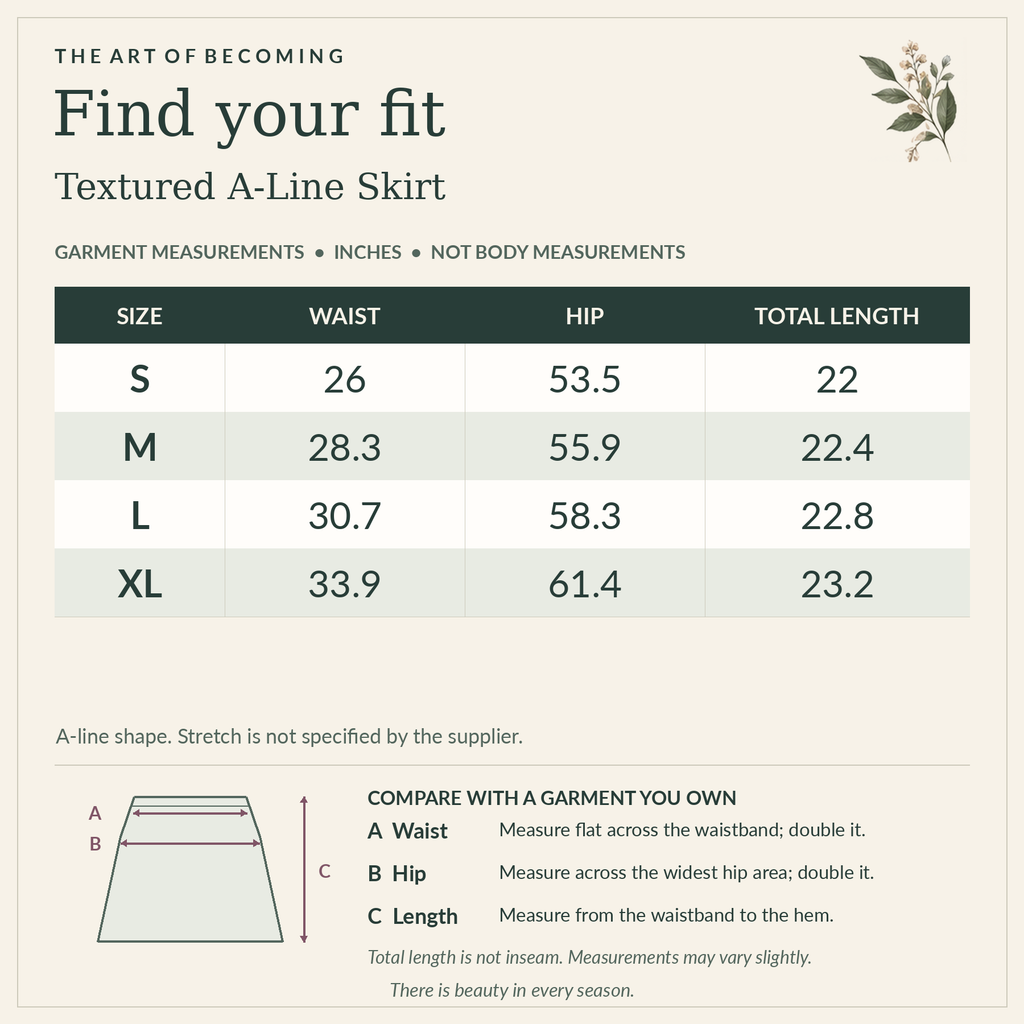 Textured A-Line Skirt size chart, S–XL. Waist, hip and total skirt length in inches. Garment measurements, not body measurements. Includes a flat-garment measuring diagram. Full measurements also appear in the description.