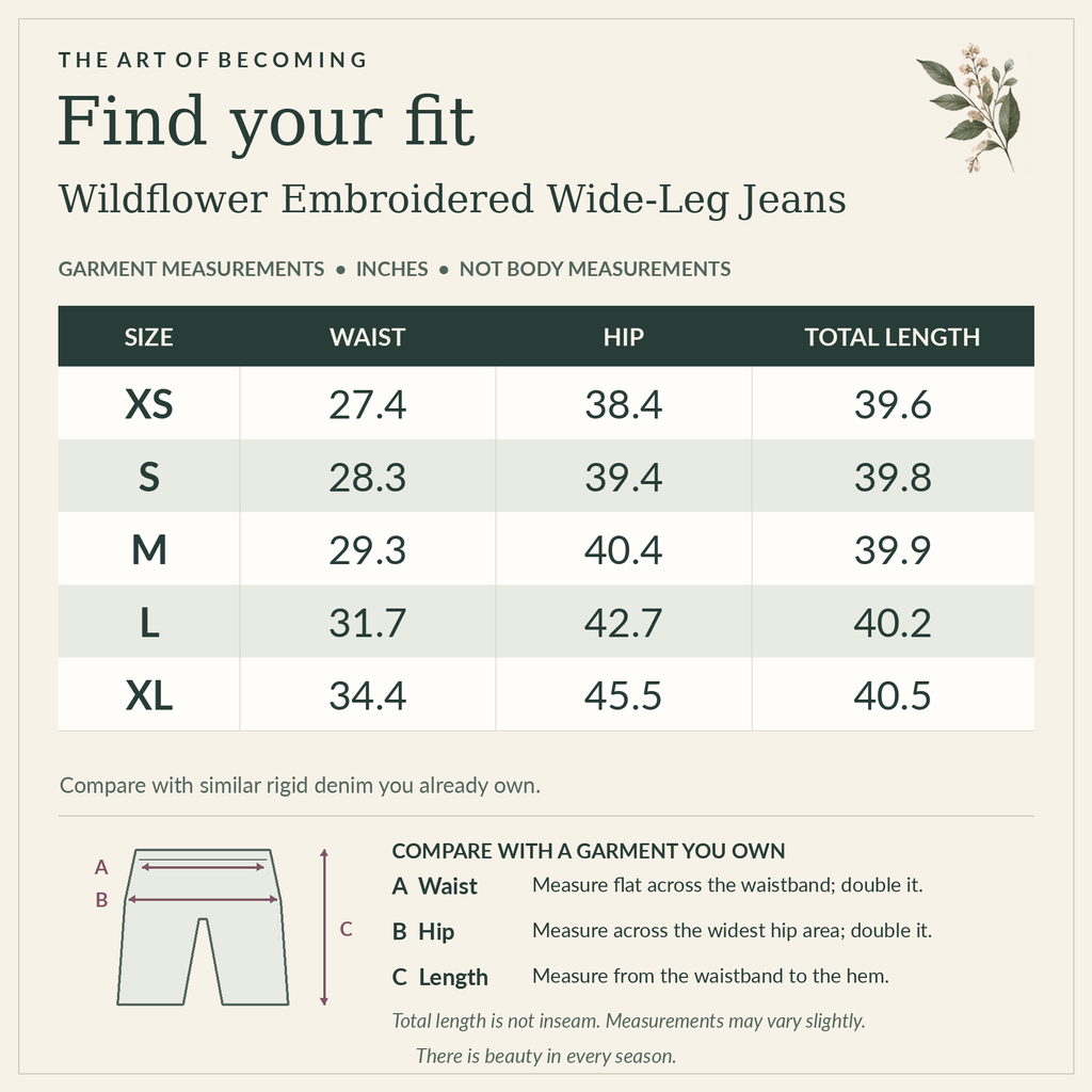 Wildflower Embroidered Wide-Leg Jeans size chart, XS–XL. Waist, hip and total garment length in inches. Garment measurements, not body measurements; total length is not inseam. Full measurements also appear in the description.