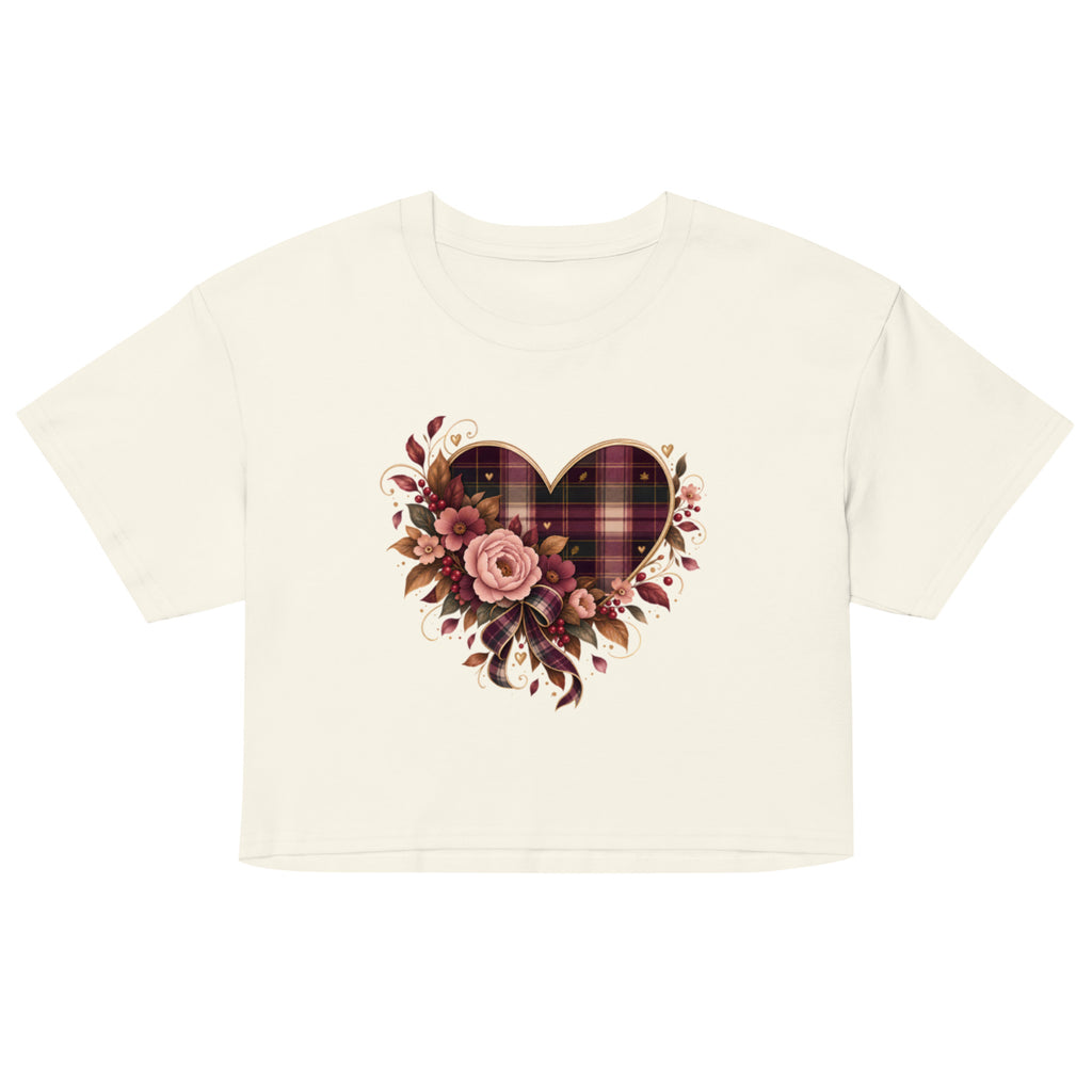 Falling for You natural crop tee with plaid and floral heart graphic, front view