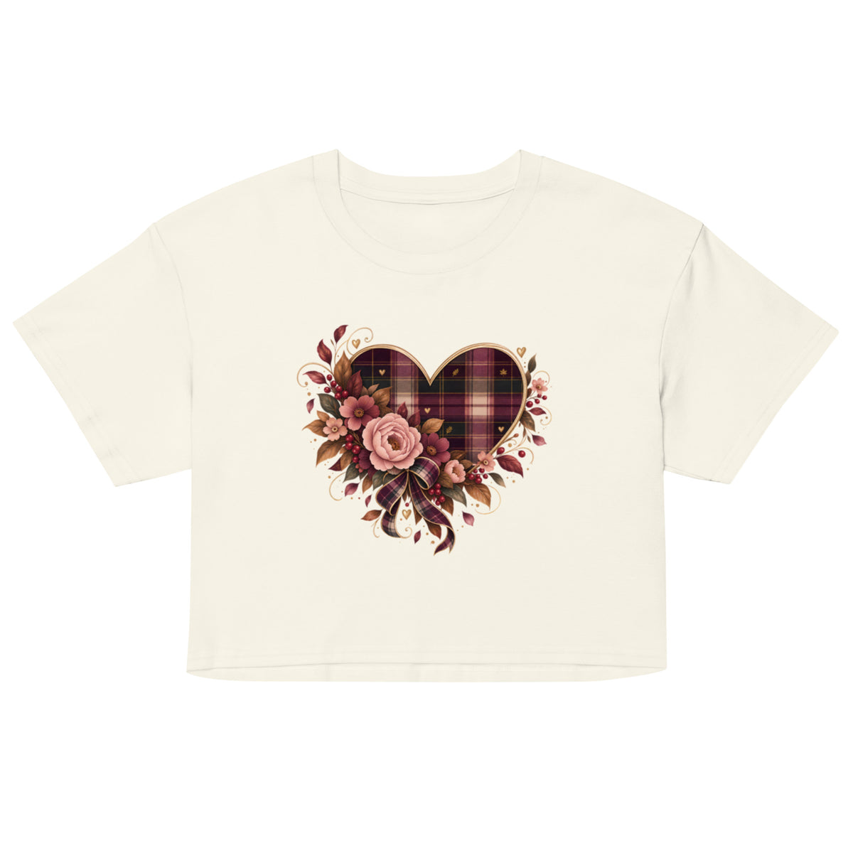 Falling for You natural crop tee with plaid and floral heart graphic, front view