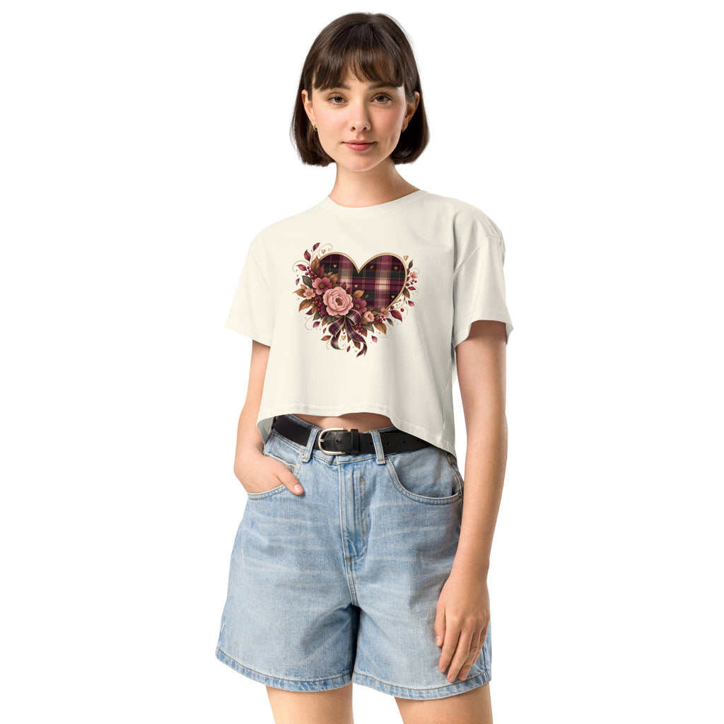 Falling for You natural crop tee with plaid and floral heart graphic, front view