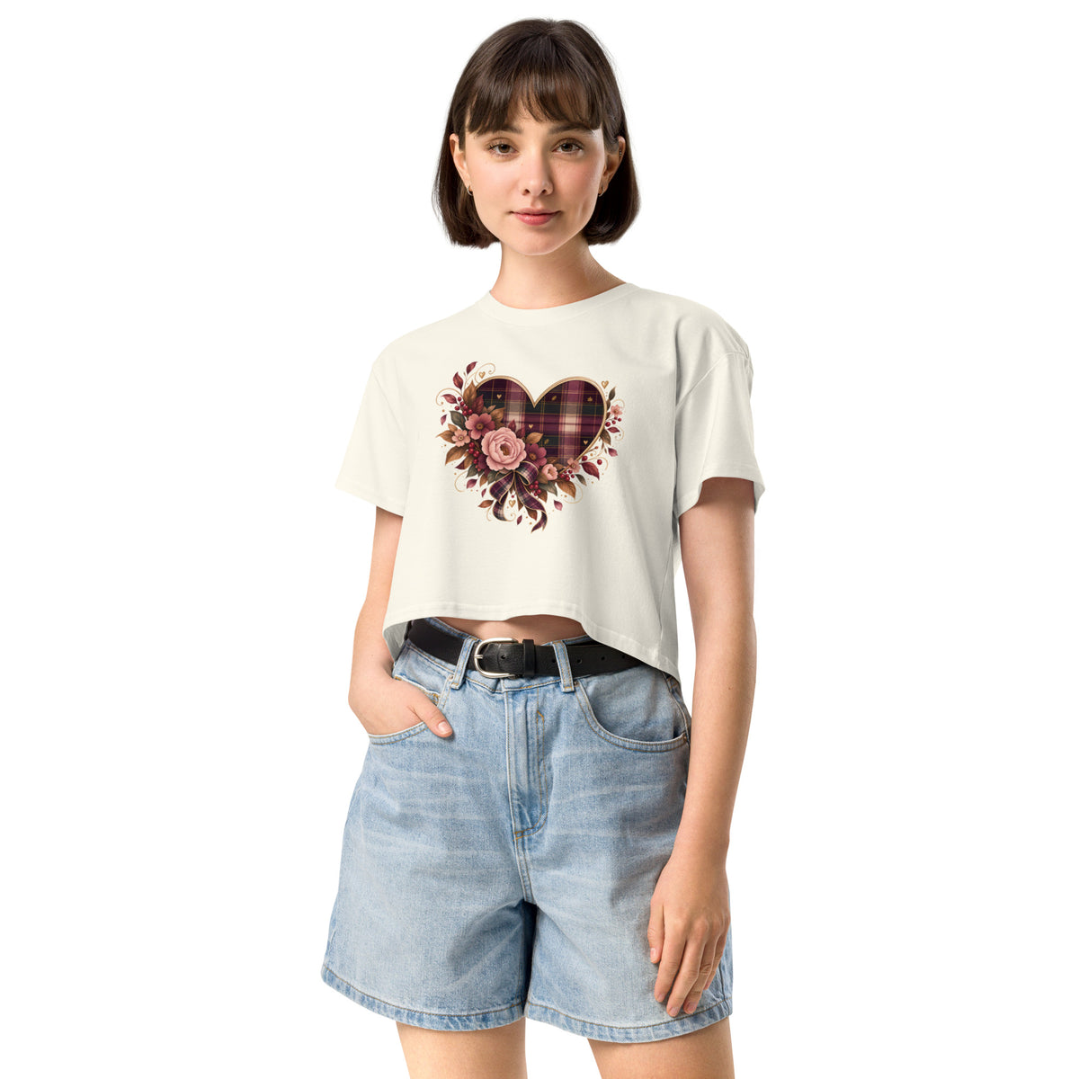 Falling for You natural crop tee with plaid and floral heart graphic, front view