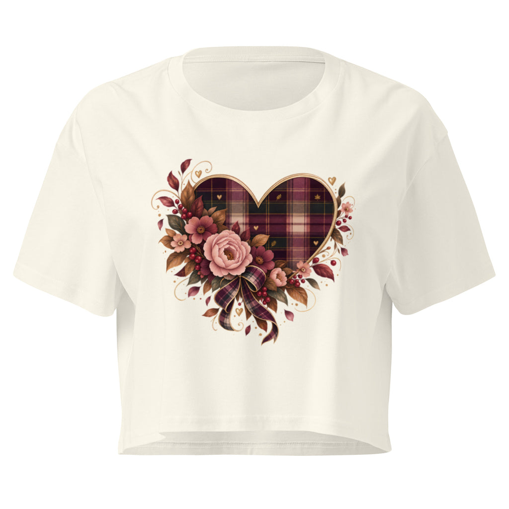 Falling for You natural crop tee with plaid and floral heart graphic, front view