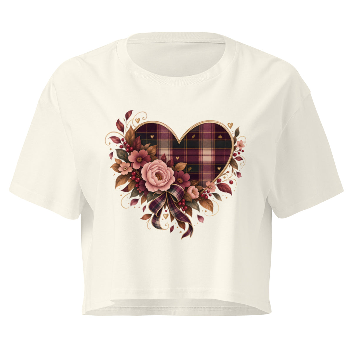 Falling for You natural crop tee with plaid and floral heart graphic, front view