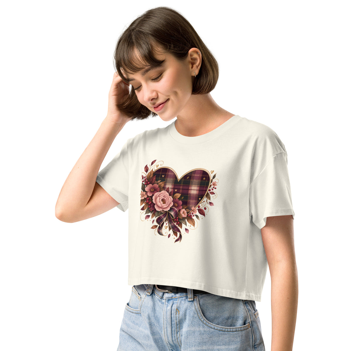 Falling for You natural crop tee with plaid and floral heart graphic, three-quarter view