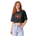 Front view of washed black women’s cropped tee with plaid and floral heart graphic