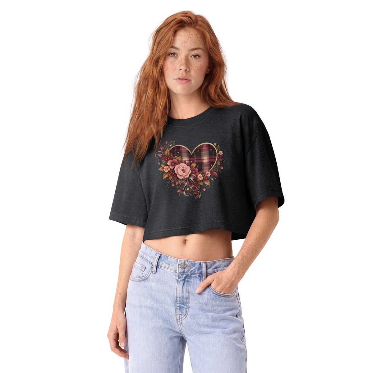 Front view of washed black women’s cropped tee with plaid and floral heart graphic
