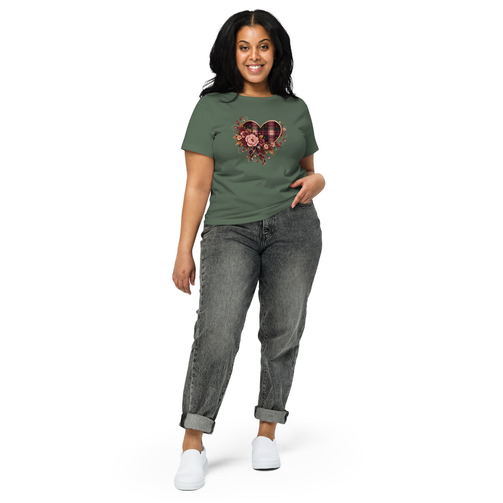 Falling for You pine green high-waisted tee with plaid and floral heart graphic, front view