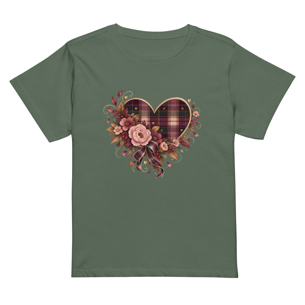 Falling for You pine green high-waisted tee with plaid and floral heart graphic, front view