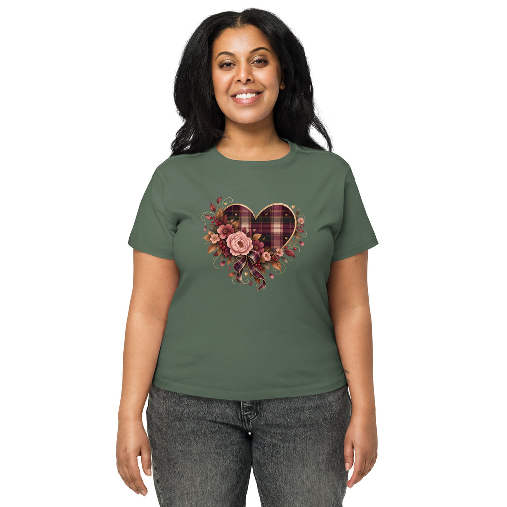 Falling for You pine green high-waisted tee with plaid and floral heart graphic, front view