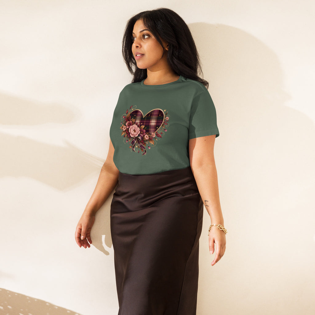 Falling for You pine green high-waisted tee with plaid and floral heart graphic, front view