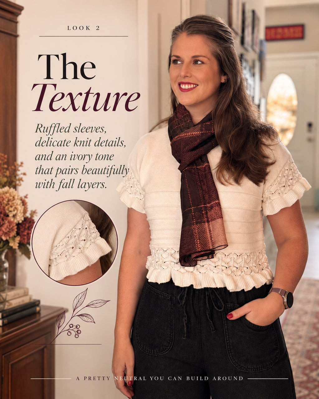 Woman wearing the white Woodland Lace-Trim Knit Top with a burgundy scarf and black pants